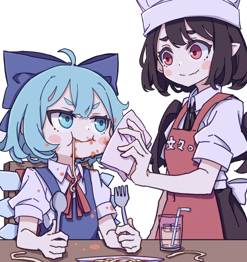 2girls absurdres apron black_hair blue_bow blue_dress blue_eyes blue_hair blush_stickers bow cirno closed_mouth clothes_writing collared_shirt cup dress drinking drinking_glass drinking_straw eating fairy food food_on_face fork hair_between_eyes hair_bow highres holding holding_fork ice ice_wings kame_(kamepan44231) messy multiple_girls pointy_ears puffy_short_sleeves puffy_sleeves red_apron red_eyes shameimaru_aya shirt short_hair short_sleeves simple_background sitting smile touhou white_background white_shirt wings