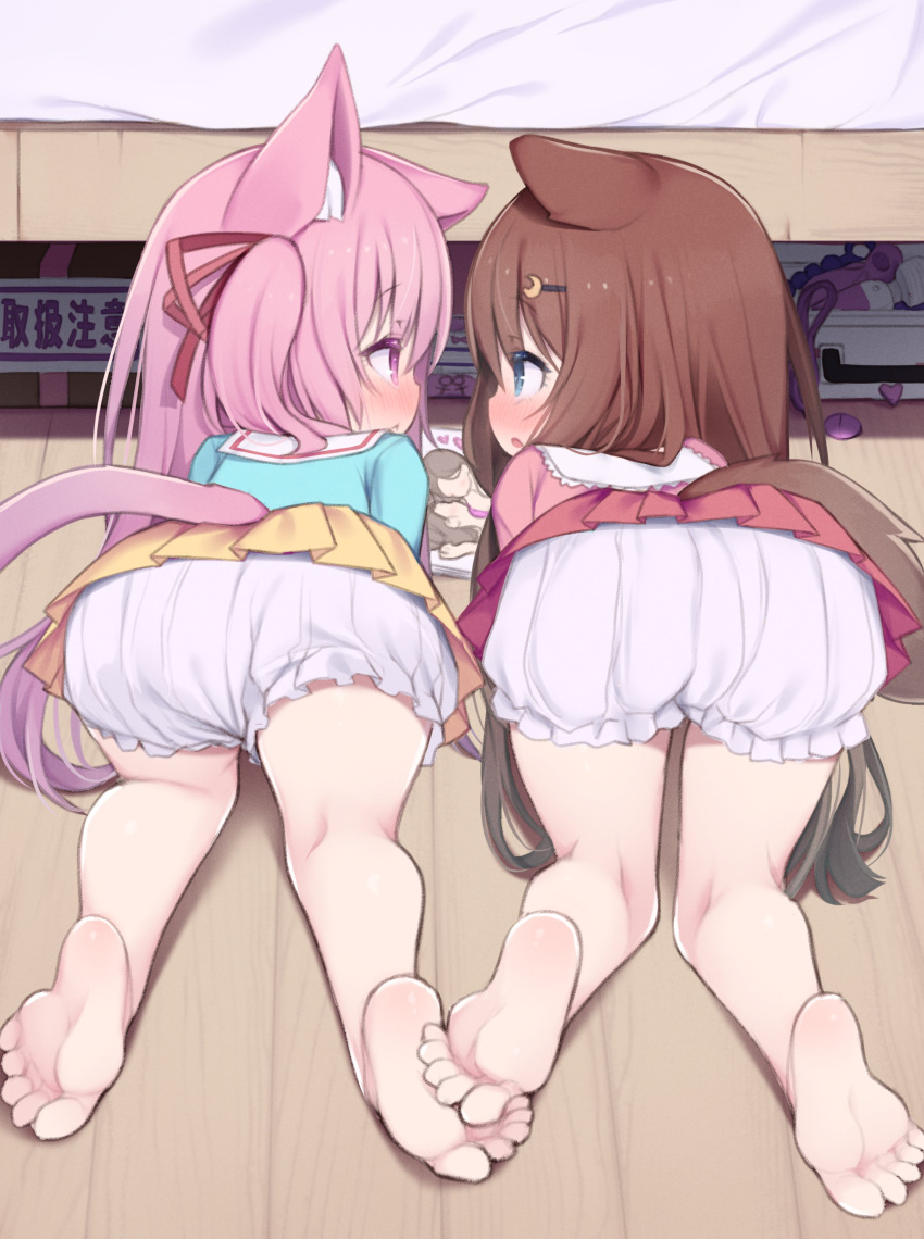 2girls absurdres all_fours animal_ear_fluff animal_ears arashiya ass azur_lane barefoot bed bedroom bloomers blue_eyes blue_shirt blush brown_hair cat_ears cat_girl cat_tail commission commissioner_upload crescent crescent_hair_ornament dog_ears dog_girl dog_tail eye_contact face-to-face feet from_behind fumizuki_(azur_lane) hair_ornament hairclip highres kindergarten_uniform kisaragi_(azur_lane) kneepits long_hair looking_at_another magazine_(object) multiple_girls open_mouth pink_eyes pink_hair pink_skirt pornography ribbon shirt side_ponytail skeb_commission skirt tail thighs toes top-down_bottom-up underwear very_long_hair white_bloomers yellow_skirt