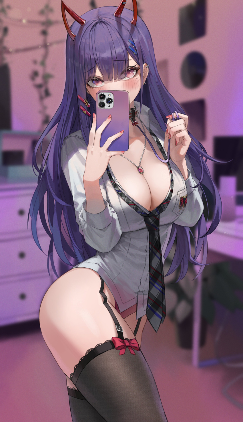 1girl absurdres akuma_nihmune bangs black_necktie black_thighhighs bow breasts cellphone cleavage duplicate highres holding holding_phone horns indie_virtual_youtuber iphone jewelry large_breasts long_hair looking_at_viewer maenoo necklace necktie phone pink_eyes pixel-perfect_duplicate plaid_necktie purple_hair red_bow smartphone solo twisted_torso virtual_youtuber