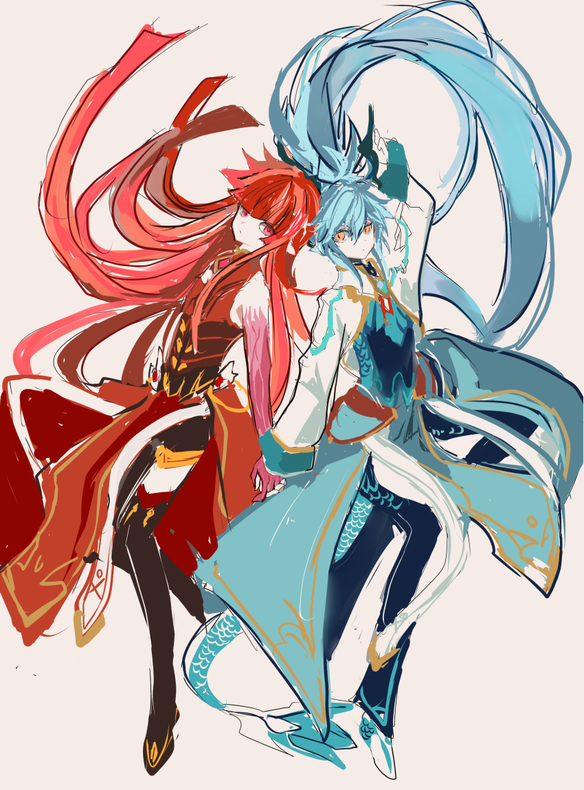 2boys absurdres androgynous blue_hair denif_(elsword) dragon_boy dragon_horns dragon_tail elf elsword full_body highres holding_hands horns kurayuki0404 long_hair long_sleeves looking_at_another multiple_boys pink_hair pointy_ears ponytail red_hair rosso_(elsword) sketch tail very_long_hair white_background yellow_eyes