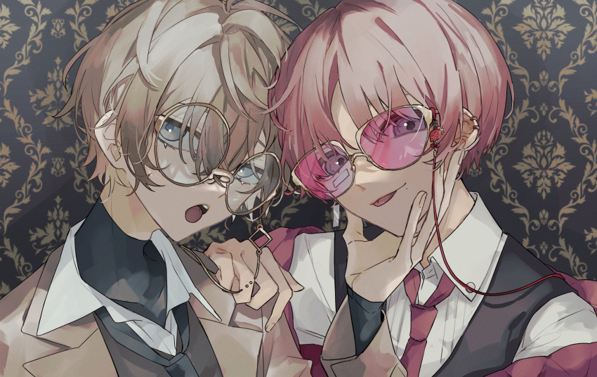 2boys bishounen black_shirt brown_eyes brown_hair coat collared_shirt ear_piercing glasses hand_up highres indoors iroa_xxxx looking_at_viewer male_focus multiple_boys necktie open_mouth original piercing pink_eyes pink_hair shirt short_hair sunglasses tinted_eyewear tongue tongue_out upper_body vest wall wallpaper_(object) white_shirt