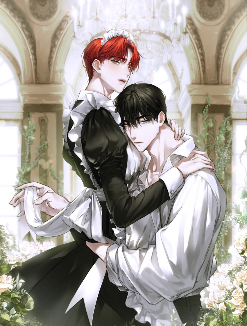 2boys ajrtkf44 apron arch bangs black_dress black_hair blurry blush chandelier collarbone collared_shirt couple crossdressing depth_of_field dress flower frilled_apron frills hand_on_another's_ass hand_on_another's_neck hand_on_another's_shoulder head_on_chest highres hug juliet_sleeves korean_commentary long_sleeves looking_at_viewer maid maid_apron maid_headdress male_focus multiple_boys original parted_bangs puffy_sleeves red_hair rose shirt standing virtual_youtuber white_apron white_flower white_rose yaoi