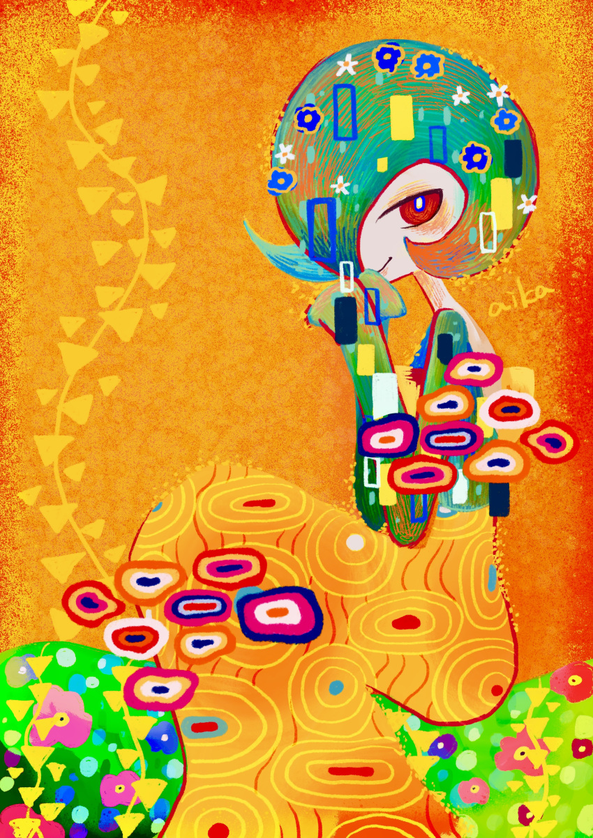 1girl absurdres artist_name bangs blue_flower bob_cut bright_pupils closed_mouth colored_skin colorful commentary_request flat_chest flower from_side gardevoir grass green_hair green_skin gustav_klimt_(style) hair_flower hair_ornament hair_over_one_eye half-closed_eyes hands_up happy highres looking_at_viewer multicolored_skin on_ground one_eye_covered orange_background otonoha_aika outdoors own_hands_together pink_flower pokemon pokemon_(creature) red_eyes red_flower short_hair signature sitting smile solo two-tone_skin white_pupils white_skin