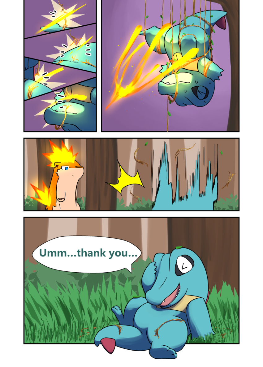 bind comic crocodilian darrow0 english_text falling fire forest hi_res nintendo plant pok&eacute;mon pok&eacute;mon_(species) pol quilava reptile scalie speech_bubble text totodile tree video_games vines yuel