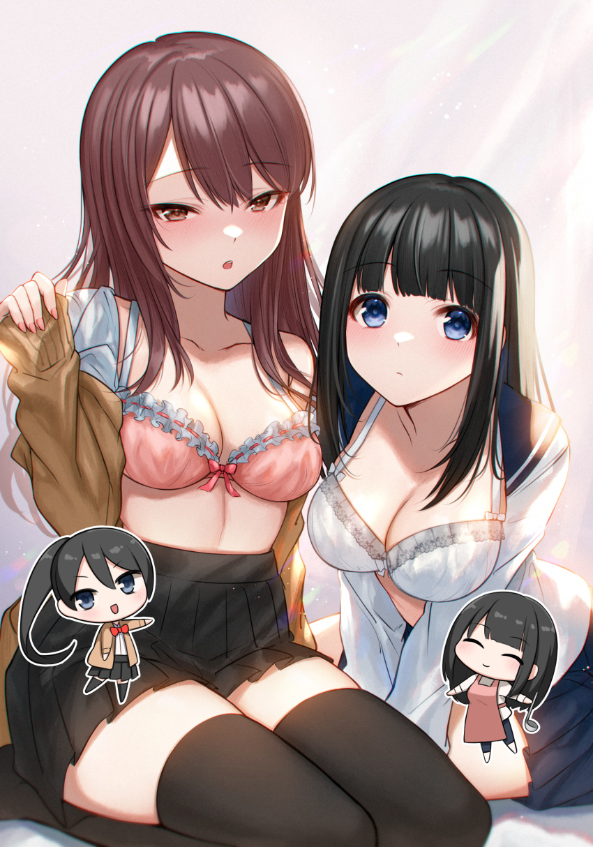 4girls :d :o ^_^ absurdres akky_(akimi1127) apron bare_shoulders black_hair black_legwear black_pants black_sailor_collar black_skirt blue_eyes blush bow bow_bra bowtie bra breasts brown_cardigan brown_eyes brown_hair cardigan chibi cleavage closed_eyes closed_mouth collarbone highres ladle long_hair long_sleeves looking_at_viewer medium_breasts multiple_girls nail_polish no_shoes off_shoulder open_cardigan open_clothes open_shirt original outline pants parted_lips pinching_sleeves pink_apron pink_bra pink_nails pleated_skirt ponytail red_bow red_bowtie sailor_collar school_uniform seiza serafuku shirt sitting skirt sleeves_past_wrists smile teeth thighhighs underwear upper_teeth v-shaped_eyebrows very_long_hair white_bra white_outline white_shirt