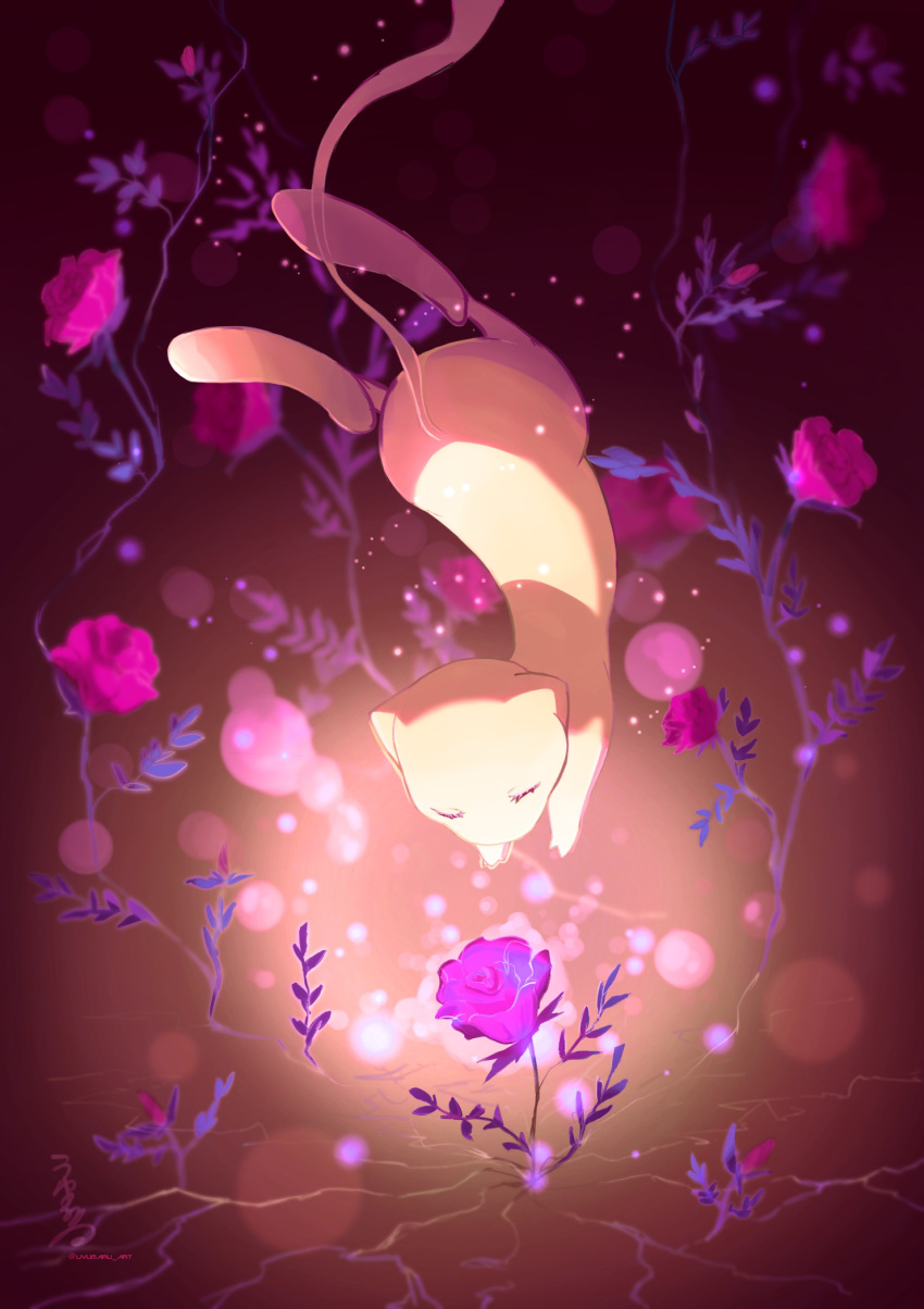 closed_eyes commentary_request eyelashes flower highres mew no_humans plant pokemon pokemon_(creature) purple_flower reaching_out signature solo twitter_username uyumaru_art