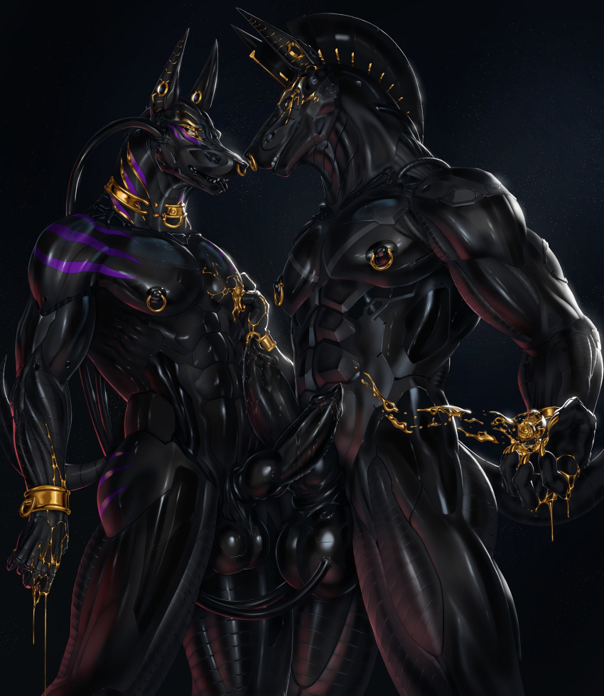 2019 5_fingers abs abstract_background animal_genitalia animal_penis anthro anubian_jackal assimilation balls black_background black_balls black_body black_nose black_penis black_sheath black_tongue bodily_fluids bodypaint cable cables canid canine canine_penis canis claws collar conversion cuff_(restraint) cybernetics cyborg dripping duo ear_piercing erection eye_contact facial_piercing fingers frottage gauged_ear genital_fluids genital_piercing genitals gold_(metal) gold_claws gold_jewelry gold_markings golden_claws grey_eyes hi_res jackal jewelry knot latex latex_skin liquid liquid_gold liquid_metal looking_at_another machine male male/male mammal markings mohawk muscular muscular_anthro muscular_male nanites nipple_fetish nipple_piercing nipple_play nipples nose_piercing nose_ring nude open_mouth outside pec_grab pecs penis penis_piercing piercing precum precum_on_penis prince_albert_piercing rakisha restraints ring_piercing robot robotic rubber septum_piercing sex sheath simple_background sky smile standing star starry_sky sweat sweaty_genitalia sweaty_penis synthetic synthpaw teeth tentacles tongue tongue_out touching_nipples transformation tubes wrist_cuffs yellow_eyes