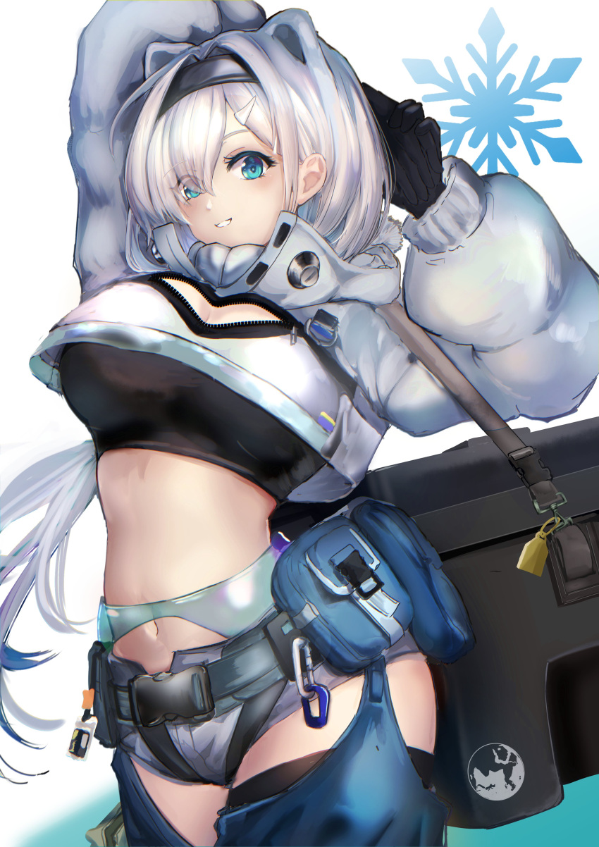 1girl absurdres arknights arms_up aurora_(arknights) bangs belt black_gloves black_hairband black_shirt blue_eyes breasts chaps cleavage cleavage_cutout clothing_cutout commentary_request cowboy_shot crop_top cropped_jacket gloves grey_shorts grin hair_intakes hairband highres jacket large_breasts long_hair looking_at_viewer midriff navel pouch puffy_sleeves sanshouo_(sansuouo) shirt short_shorts shorts simple_background smile solo standing stomach very_long_hair white_background white_hair white_jacket