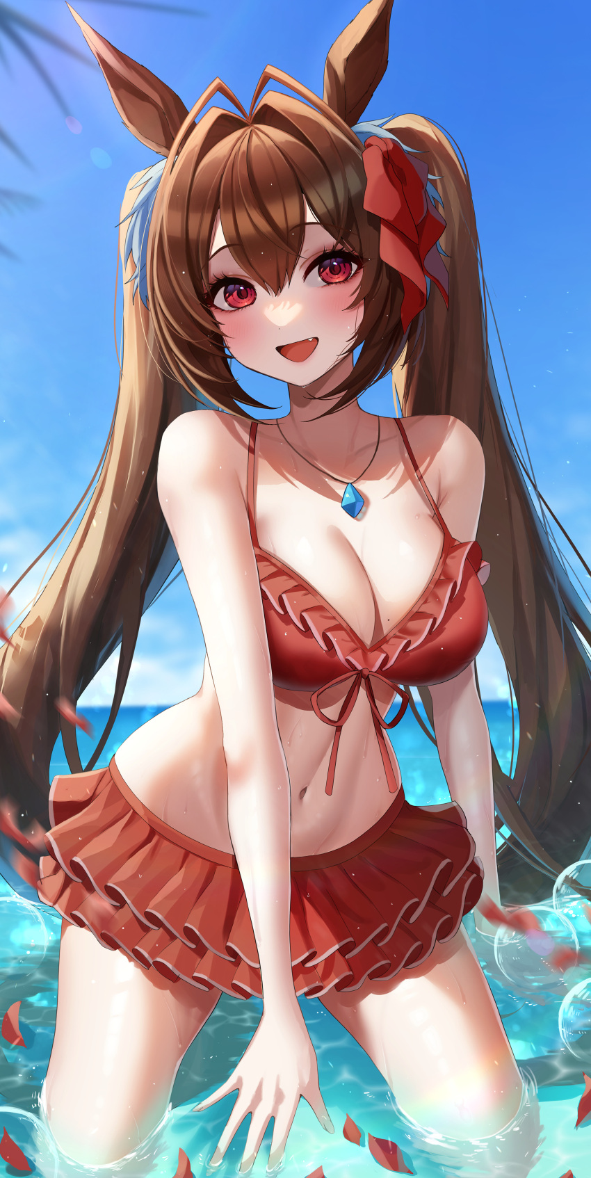 1girl :d absurdres animal_ears bikini blue_sky breasts brown_hair cloud daiwa_scarlet_(trifle_vacation)_(umamusume) daiwa_scarlet_(umamusume) day fang frilled_bikini frills hair_between_eyes hair_ribbon highres horse_ears horse_girl jewelry kudou_(sikisiki0000) large_breasts long_hair looking_at_viewer mole mole_on_breast navel necklace ocean official_alternate_costume outdoors partially_submerged petals red_eyes red_ribbon ribbon sky smile solo swimsuit twintails umamusume wet