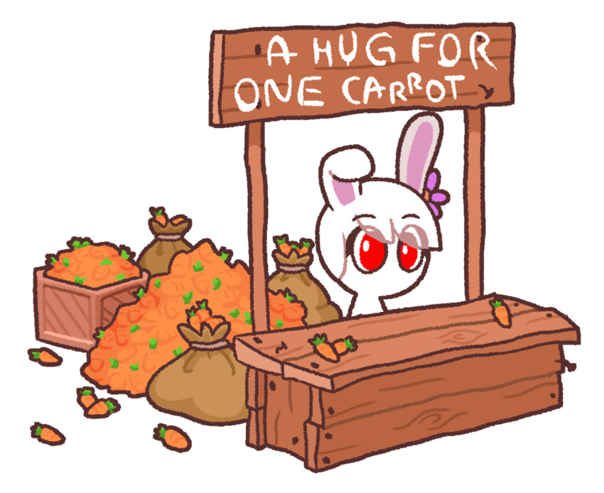 2017 accessory anthro big_eyes carrot carrots_(starbirbz) english_text female flower flower_in_hair food fur hair hair_accessory lagomorph leporid mammal plant rabbit red_eyes sack simple_background solo standing starbirbz text vegetable white_background white_body white_fur