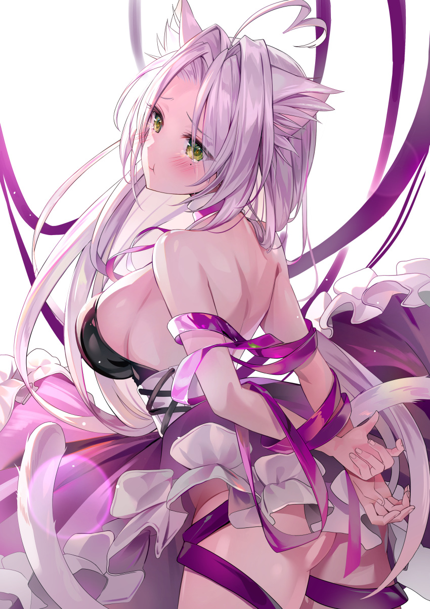 1girl :t absurdres ahoge animal_ear_fluff animal_ears arms_behind_back bare_shoulders black_leotard blush bound breasts closed_mouth cowboy_shot from_side green_eyes grey_hair hair_intakes heart heart_ahoge highres large_breasts leotard long_hair looking_to_the_side luna_nyann mole mole_under_eye original purple_ribbon purple_skirt ribbon ribbon_bondage simple_background skirt solo standing strapless strapless_leotard tail tearing_up very_long_hair white_background