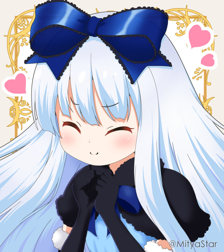 1girl aizawa_rei bangs black_capelet black_gloves blush bow brown_background capelet closed_eyes closed_mouth commentary_request elbow_gloves facing_viewer fur-trimmed_gloves fur_trim gloves grey_hair hands_up heart highres long_hair microsoft mitya outline silverlight smile solo twitter_username upper_body white_bow white_outline