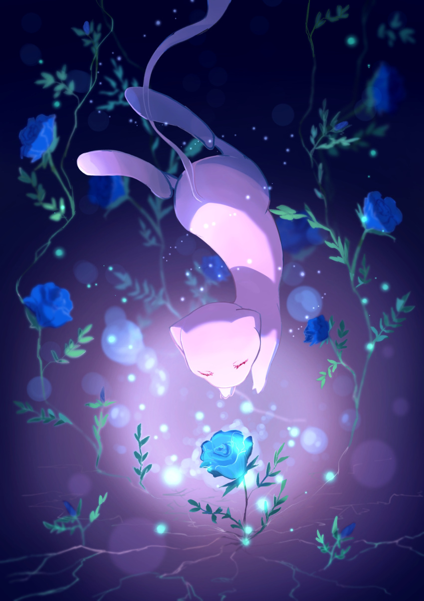 blue_flower closed_eyes commentary_request eyelashes flower highres mew no_humans plant pokemon pokemon_(creature) reaching_out signature solo twitter_username uyumaru_art