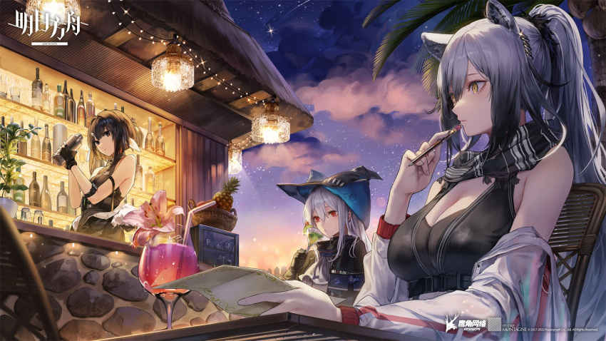 3girls alcohol animal_ears arknights bare_shoulders bottle breasts cat_ears cleavage cloud cocktail_glass cup drinking_glass eunectes_(arknights) fingerless_gloves food fruit gloves grey_hair hat high_ponytail highres jacket kim_eb large_breasts multiple_girls off_shoulder open_clothes open_jacket pineapple red_eyes scarf schwarz_(arknights) skadi_(arknights) sky white_jacket yellow_eyes
