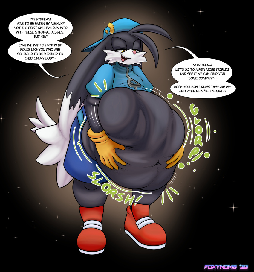 absurd_res anthro belly black_body clothed clothing dialogue digestion english_text footwear foxynoms gloves handwear hat headgear headwear hi_res hybrid klonoa klonoa_(series) male male/male navel shoes solo text video_games vore
