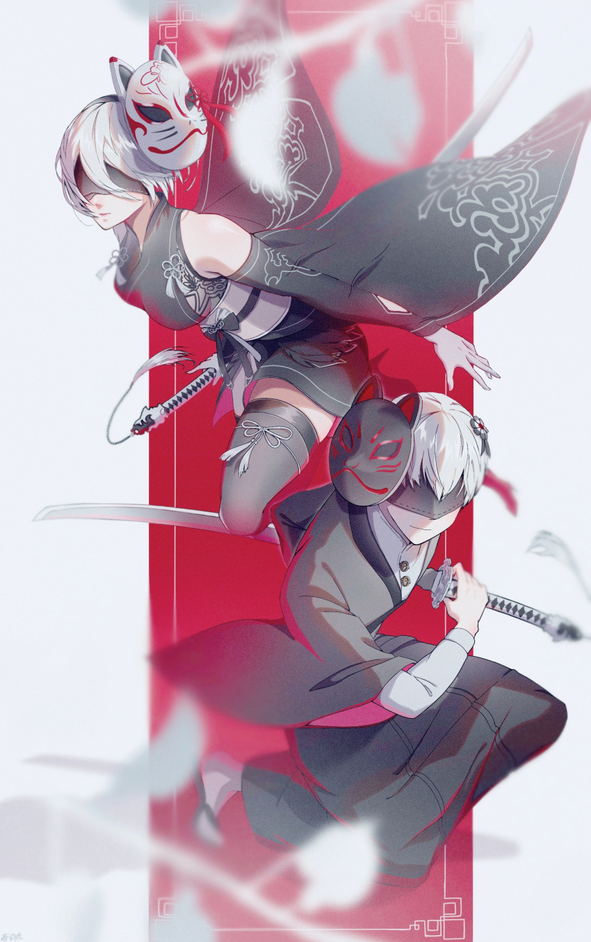 1boy 1girl absurdres black_blindfold black_hairband blindfold boots breasts choker dress gloves hairband highres japanese_clothes kaino_osushi85 katana kimono long_sleeves mask mole mole_under_mouth nier_(series) nier_automata short_hair sword thighhighs weapon white_hair yorha_no._2_type_b yorha_no._9_type_s