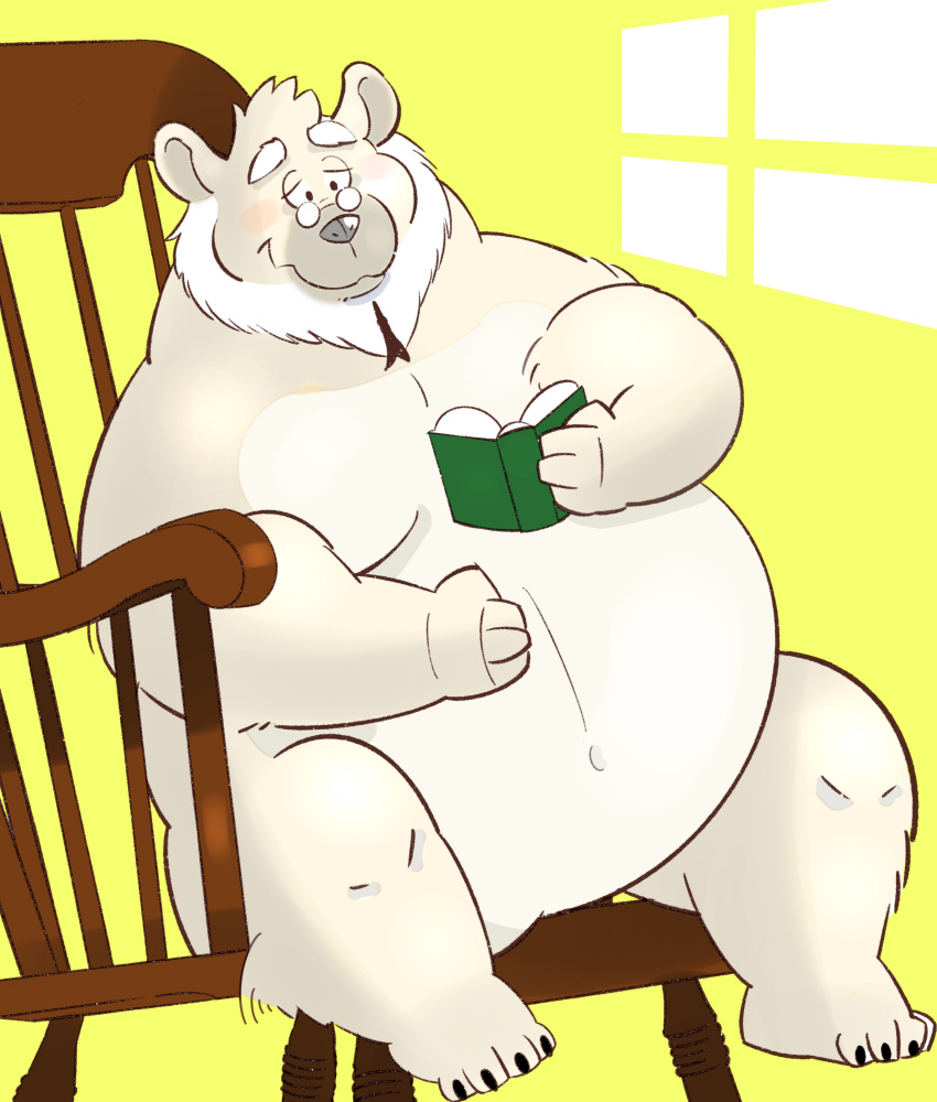 2022 absurd_res anthro beard belly big_belly blush book chair eyewear facial_hair furniture glasses hi_res kemono m2vcjtad5hsdvla male mammal mature_male navel overweight overweight_male reading sitting solo ursid