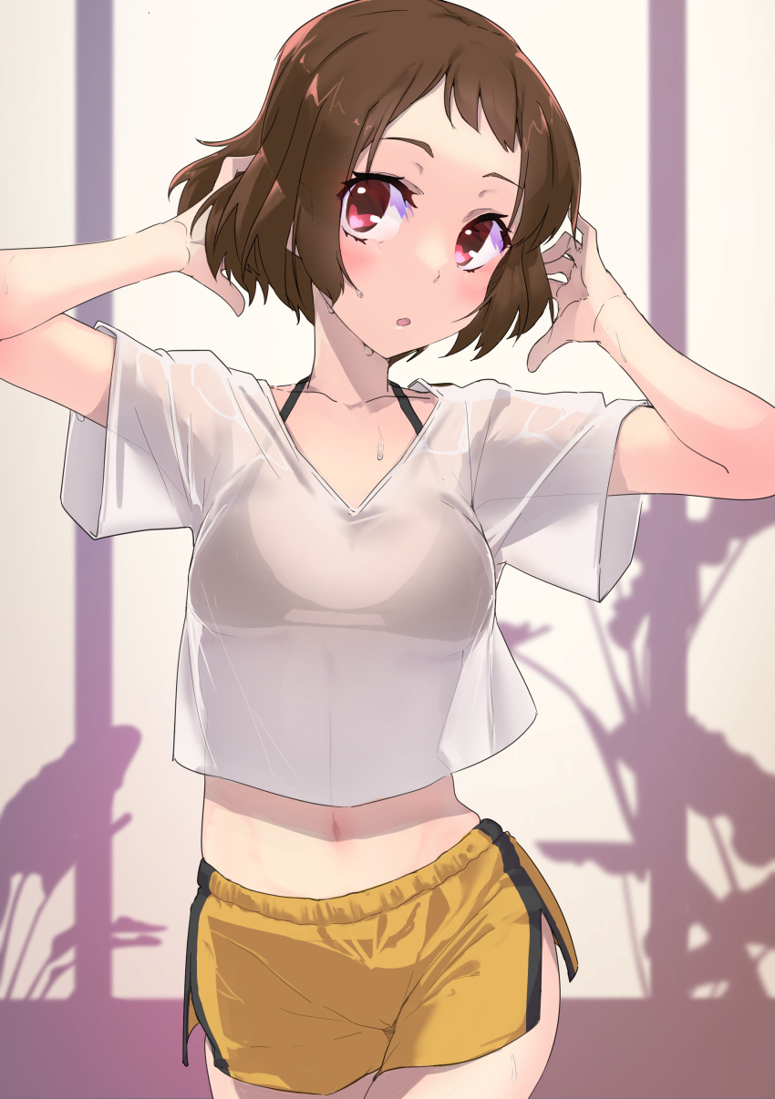 1girl absurdres arms_behind_head bikini bikini_top_only black_bikini brown_hair commentary_request commission cowboy_shot highres hyouka ibara_mayaka looking_at_viewer navel red_eyes see-through shirt short_hair shorts skeb_commission solo swimsuit thomas_(aoakumasan) white_shirt yellow_shorts