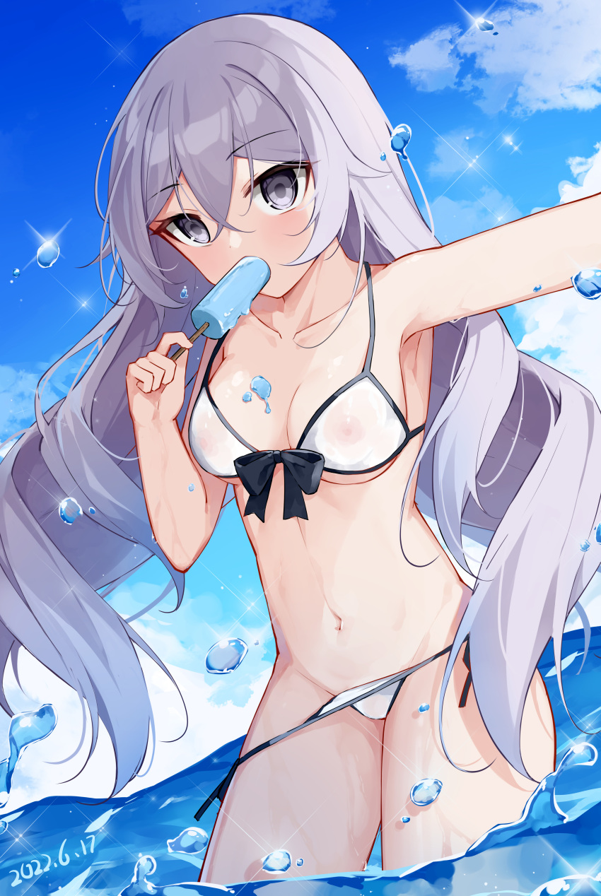 1girl absurdres armpits bangs bare_shoulders bikini black_ribbon blue_sky blush breasts bronya_zaychik collarbone cowboy_shot dated day eating eyes_visible_through_hair food food_in_mouth front-tie_bikini front-tie_top grey_eyes grey_hair hair_between_eyes highres holding holding_ice_cream honkai_(series) honkai_impact_3rd ice_cream long_hair looking_at_viewer muou navel ocean outdoors ribbon side-tie_bikini sidelocks sky solo standing swimsuit wading wardrobe_malfunction water_drop wet wet_clothes wet_swimsuit white_bikini