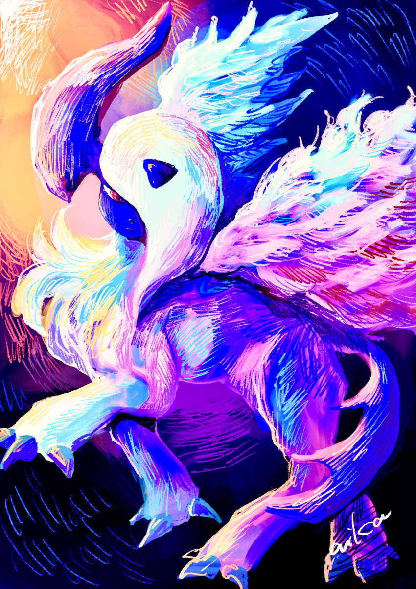absol absurdres animal_focus artist_name claws closed_mouth colorful commentary expressionless feathered_wings from_side full_body hair_over_one_eye half-closed_eyes highres looking_to_the_side mega_absol mega_pokemon no_humans one_eye_covered otonoha_aika pokemon pokemon_(creature) red_eyes signature solo standing white_hair white_wings wings