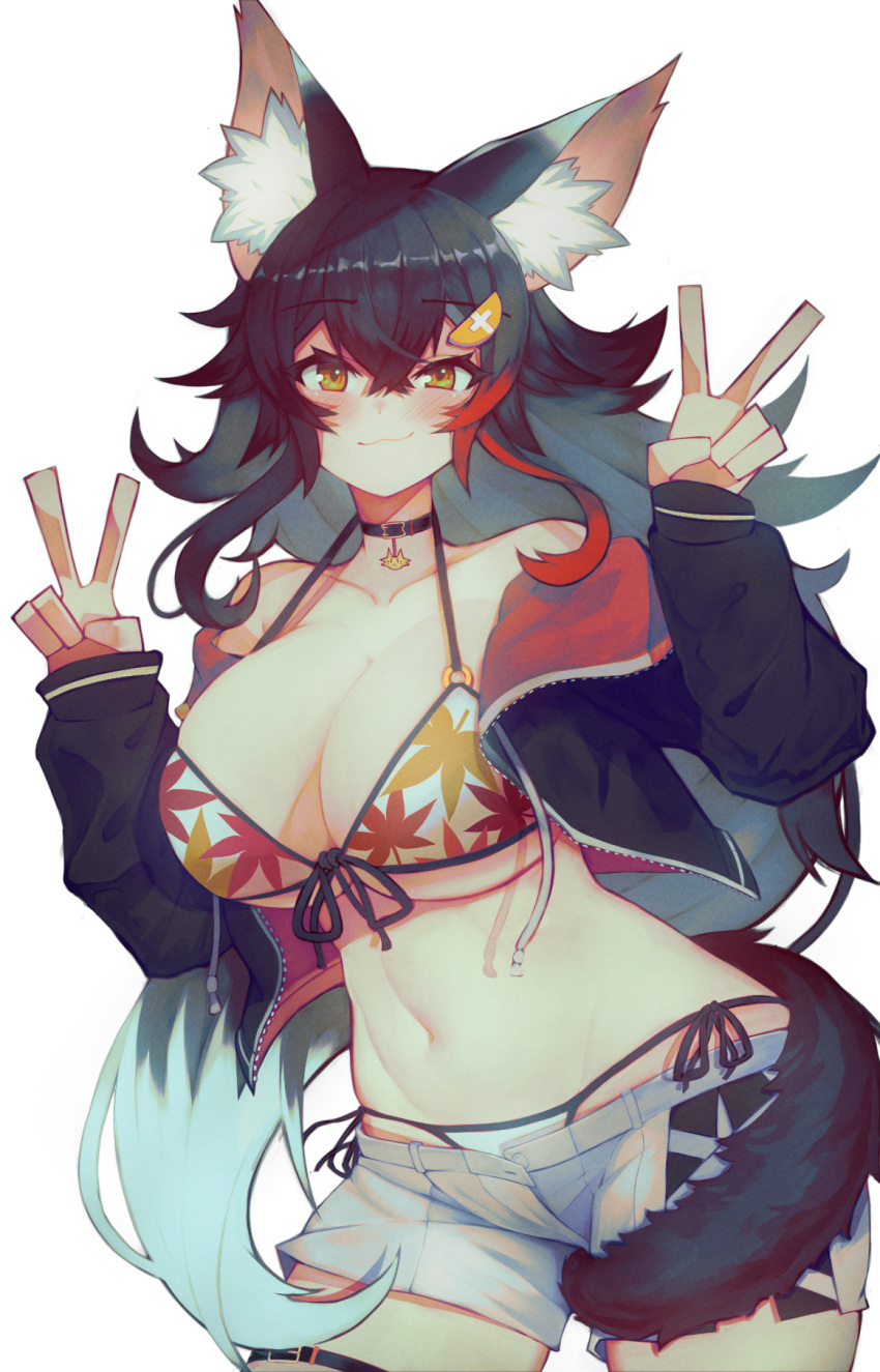 1girl :3 animal_ear_fluff animal_ears bangs bikini black_hair blush breasts flipped_hair grey_hair hair_between_eyes hair_ornament hairclip highres hololive jacket large_breasts long_hair looking_at_viewer multicolored_hair off_shoulder ookami_mio red_hair shorts sidelocks solo spiked_hair streaked_hair swimsuit tail tail_around_leg tail_wrap v varniskarnis very_long_hair virtual_youtuber white_background white_hair wolf_ears wolf_girl wolf_tail yellow_eyes