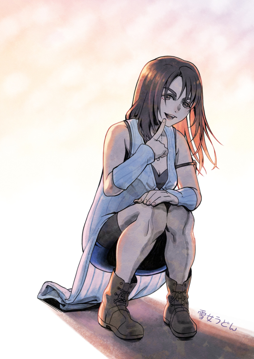 1girl arm_warmers bike_shorts black_hair black_tank_top blue_sweater boots breasts brown_eyes cleavage final_fantasy final_fantasy_viii highres long_hair open_mouth rinoa_heartilly squatting sweater tank_top yukimedonn