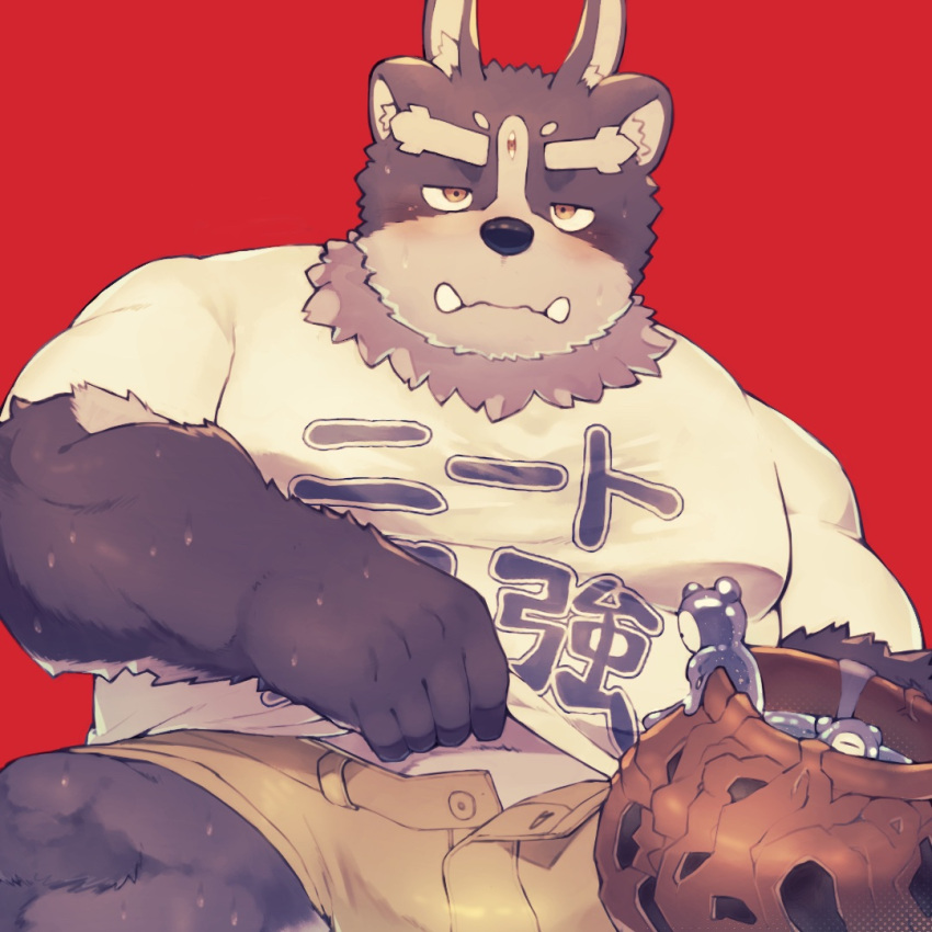 3_eyes anthro batten_xxxx blush bottomwear clothing fur grey_body grey_fur lifewonders male multi_ear multi_eye muscular muscular_anthro muscular_arms muscular_legs muscular_male shorts solo tokyo_afterschool_summoners tsathoggua tusks video_games