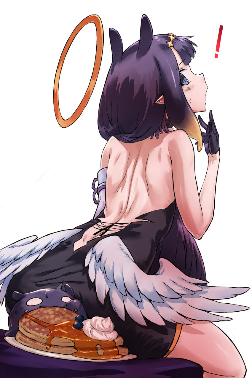 1girl ass backless_dress backless_outfit blue_eyes blueberry detached_sleeves diamond_hairband doodle dress food fruit fur-trimmed_collar fur_choker gradient_hair halo haraya_manawari highres hololive hololive_english long_hair looking_at_viewer looking_back low_wings multicolored_hair ninomae_ina'nis orange_hair pancake pancake_stack single_detached_sleeve strapless strapless_dress syrup tako_(ninomae_ina'nis) tentacle_hair tentacles tube_dress very_long_hair virtual_youtuber whipped_cream wings
