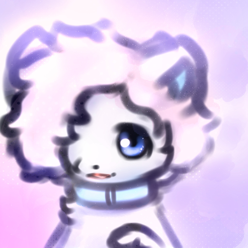 1:1 anthro arctic_fox blue_eyes blue_sclera canid canine collar female fluffy fox fur hair hair_over_eye hi_res looking_at_viewer mammal one_eye_obstructed pink_hair sarah_(snoiifoxxo) simple_background smile snoiifoxxo solo tuft white_body white_fur