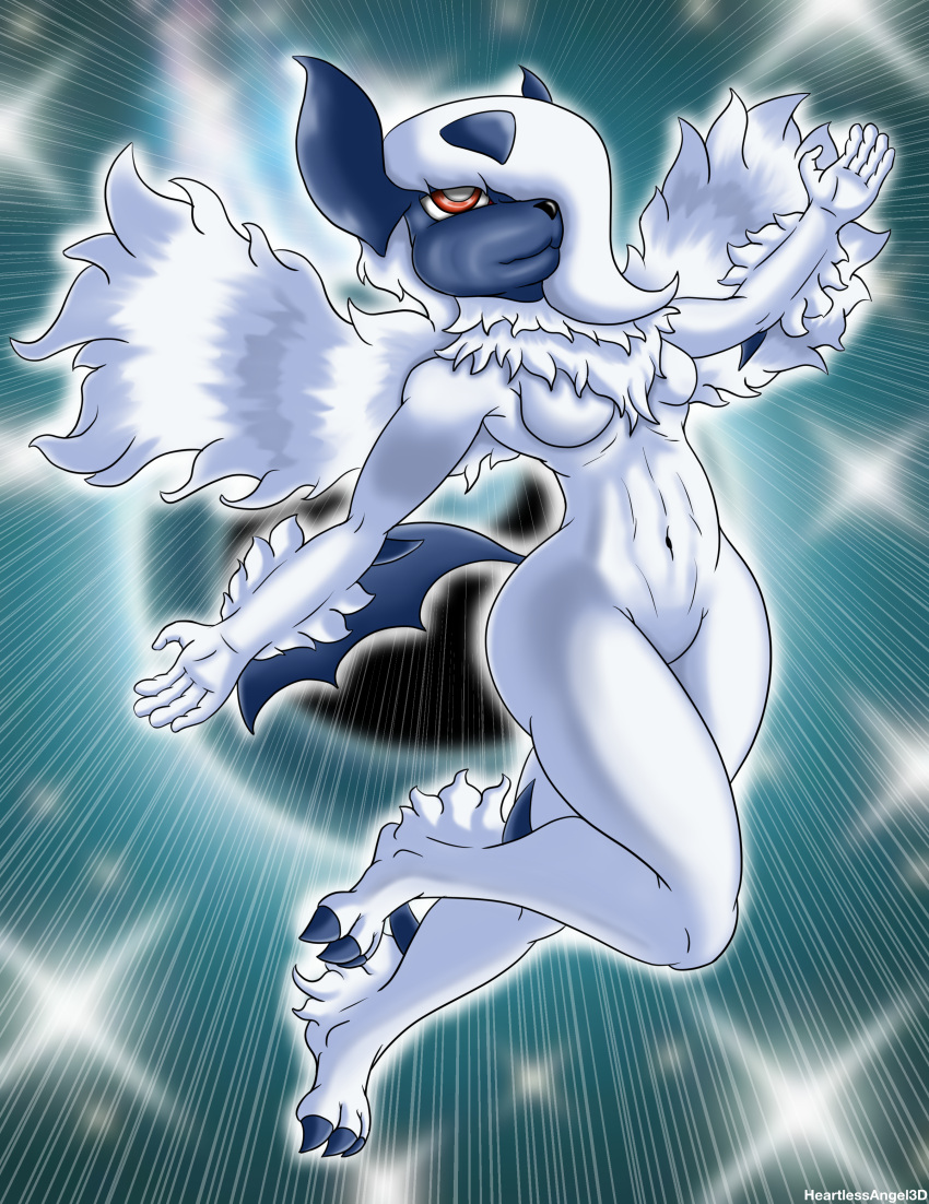 absol abstract_background absurd_res anthro claws female fluffy_fur fur heartlessangel3d hi_res mega_absol mega_evolution nintendo nippleless paws pok&eacute;mon pok&eacute;mon_(species) solo star video_games white_body white_fur wings