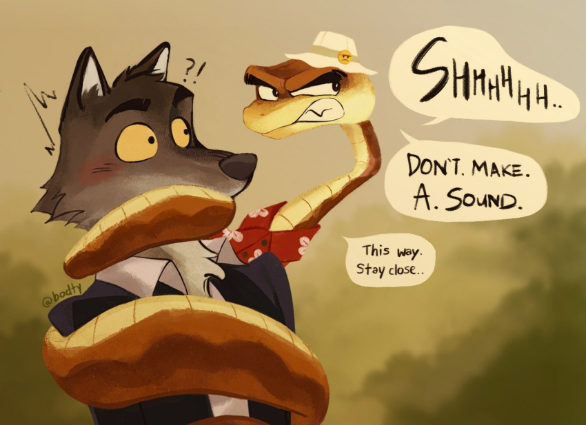 anthro blush bodty canid canine canis clothed clothing dialogue digital_media_(artwork) dreamworks duo english_text fur hat headgear headwear male mammal mr._snake_(the_bad_guys) mr._wolf_(the_bad_guys) reptile scalie snake speech_bubble text the_bad_guys topwear wolf wrapped wrapping