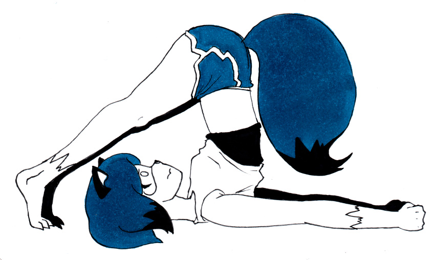 absurd_res animal_humanoid anthro athletic athletic_female barefoot black_ears blue_hair bottomwear brand_new_animal breasts butt canid canid_humanoid canine canine_humanoid clothing efradraws feet female fluffy fluffy_tail hair hi_res humanoid mammal mammal_humanoid marker_(artwork) michiru_kagemori midriff raccoon_dog shorts simple_background small_breasts solo studio_trigger tanuki tanuki_humanoid teenager traditional_media_(artwork) yoga young