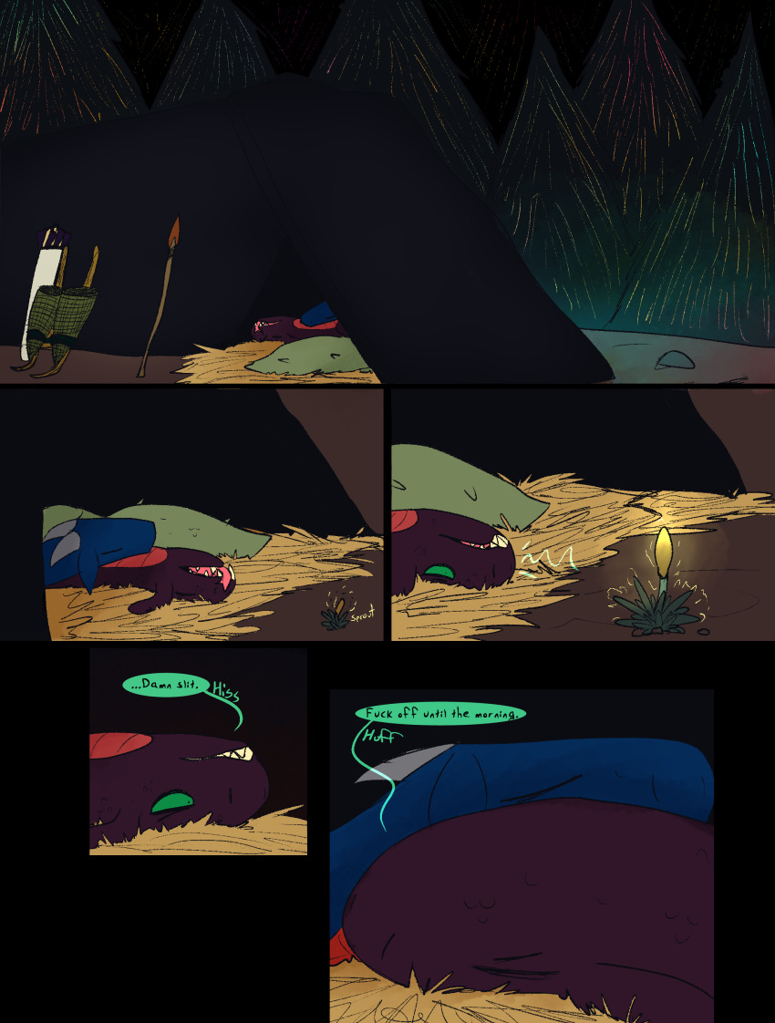absurd_res comic dinosaur dragon dragonscape drekir dromaeosaurid female feral forest forl_(thepatchedragon) group hi_res male oli_(thepatchedragon) plant post-apocalyptic profanity ralan_(thepatchedragon) reptile scalie sleeping text thepatchedragon theropod tree tribal tribal_clothing trio waking_up