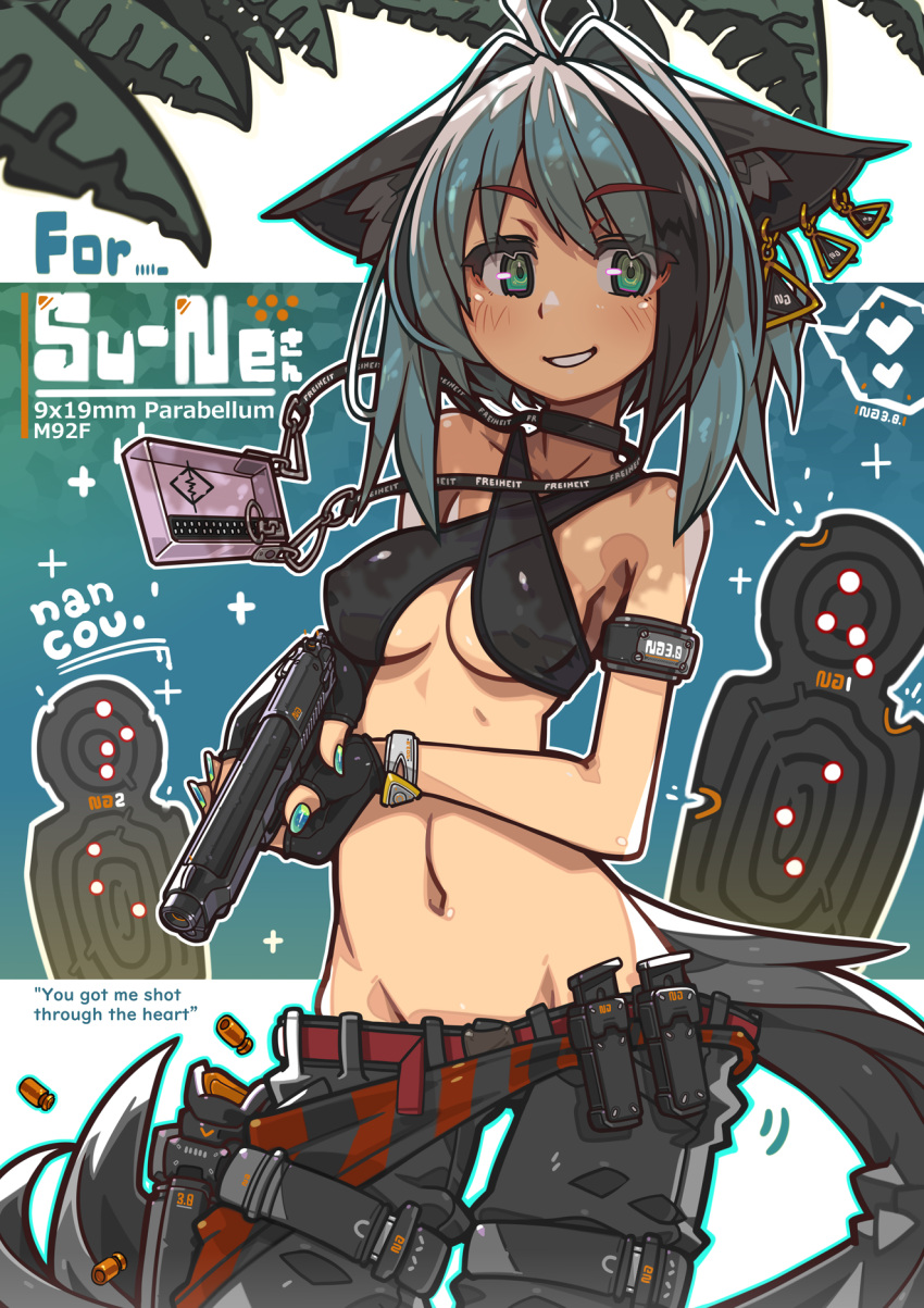 1girl ahoge animal_ear_fluff animal_ears aqua_hair aqua_nails ass_visible_through_thighs bangs bikini black_bikini black_choker black_gloves black_pants blush breasts choker commission covered_nipples cowboy_shot earrings fingerless_gloves gloves green_eyes groin gun hair_intakes handgun highres holding holding_gun holding_weapon holstered_weapon jewelry lowleg lowleg_pants magazine_(weapon) medium_hair nail_polish nancou_(nankou) navel original palm_tree pants parted_lips shell_casing skeb_commission small_breasts smile solo standing swimsuit tail teeth tree weapon