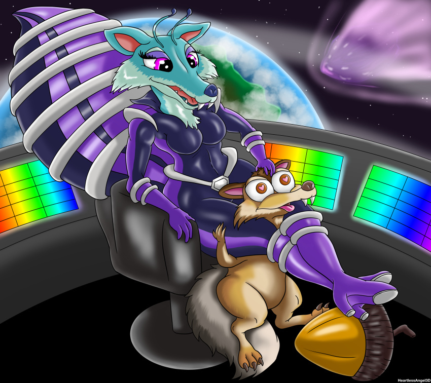 absurd_res acorn anthro clothing duo fangs female feral food fruit heartlessangel3d hi_res high_heels male male/female mammal nut_(fruit) plant rodent rubber rubber_clothing rubber_suit sabertooth_(anatomy) sciurid scrat_(ice_age) scratazon scratazon_leader space spacecraft thigh_crush tight_clothing vehicle