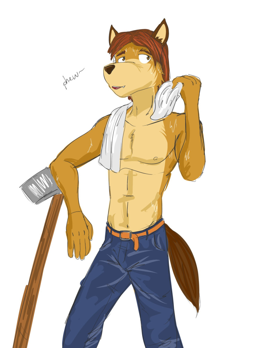 alternate_species anthro arm_support belt belt_buckle bottomwear canid canine canis clothed clothing denim denim_clothing dialogue domestic_dog english_text furrification fuze hi_res hoe jeans leaning_on_object male mammal nipples pants protagonist_(stardew_valley) simple_background solo stardew_valley text tools topless white_background