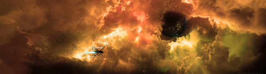 absurdres afterburner battlecruiser blue_fire cloud commentary cruiser dust dust_cloud eve_online fire glowing highres military military_vehicle no_humans outdoors photoshop_(medium) planet scenery science_fiction ship sky space star_(sky) starry_sky theonlyxns thrusters warship watercraft