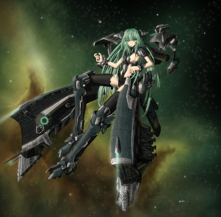 1girl absurdres armor armored_boots armpits battleship black_legwear boots breasts bright_pupils cannon dot_nose eve_online full_body gallente_federation_(eve_online) glowing green_armor green_eyes green_footwear green_hair green_legwear hand_up highres knee_boots long_hair long_legs looking_at_viewer machinery mcrc_science mecha_musume medium_breasts megathron_(eve_online) military military_vehicle original outdoors science_fiction ship shoulder_armor sideboob sky slit_pupils smile solo space star_(sky) starry_sky thighs thrusters translation_request turret very_long_hair warship watercraft