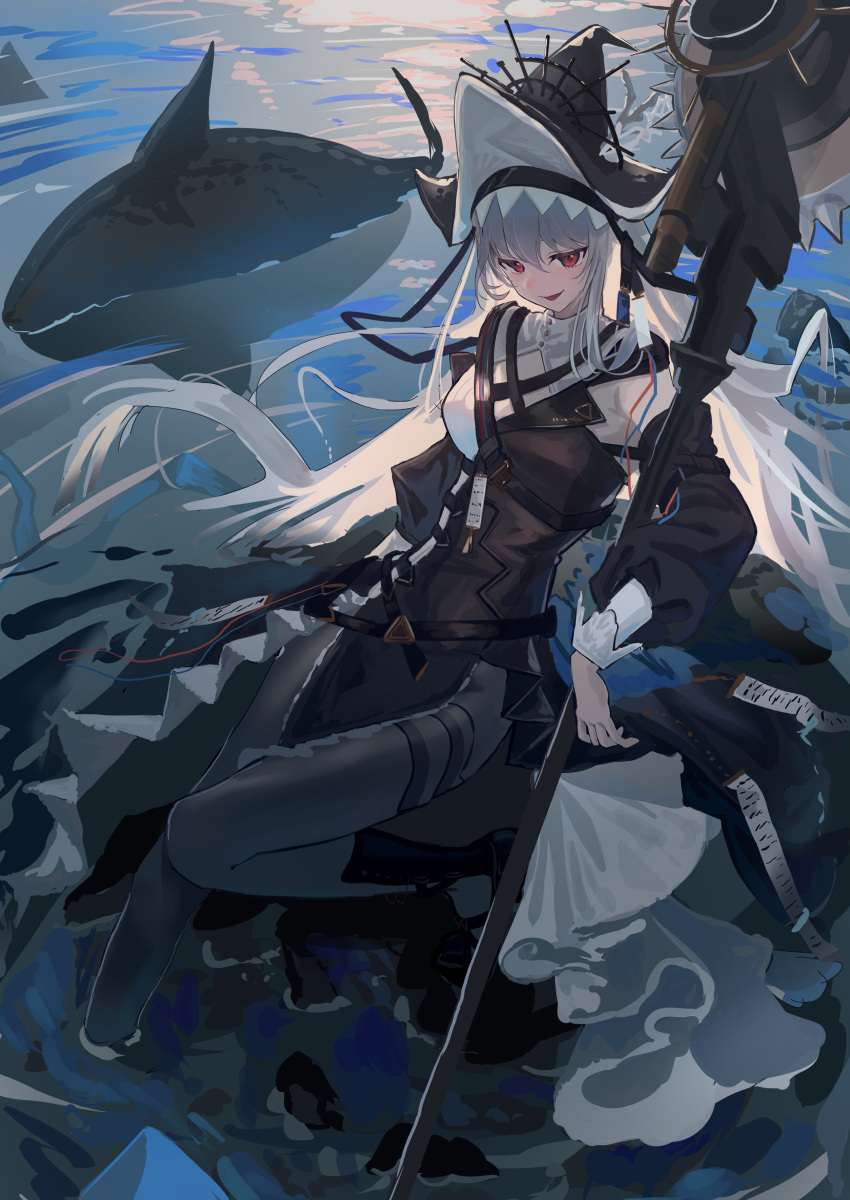 1girl absurdres arknights black_dress black_headwear black_pantyhose black_sleeves breasts detached_sleeves dress grey_hair hair_between_eyes hat_ornament highres holding holding_weapon long_hair long_sleeves natsuba002 official_alternate_costume open_mouth red_eyes saw shard small_breasts solo specter_(arknights) specter_the_unchained_(arknights) thigh_strap very_long_hair water weapon