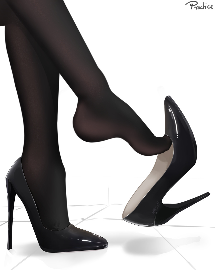 absurdres artist_name black_footwear black_legwear commentary feet feet_only foot_focus high_heels highres kikiis_art legs lower_body original pantyhose shadow shiny_footwear shoe_dangle shoes simple_background stiletto_heels white_background