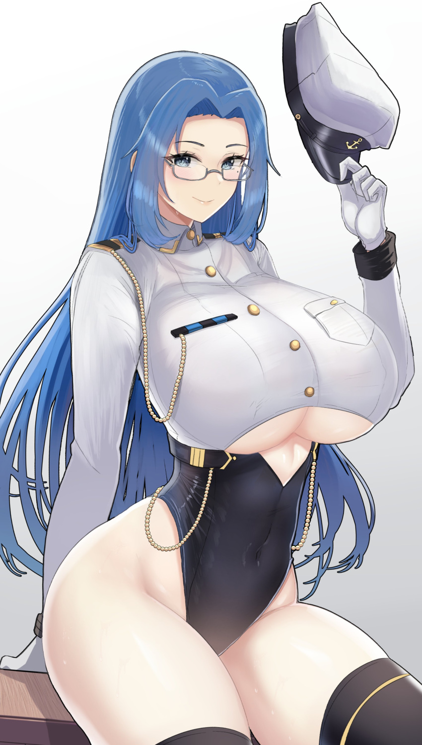 absurdres blue_eyes blue_hair breasts character_request copyright_request desspie glasses hat highres holding holding_clothes holding_hat huge_breasts leotard long_hair mole mole_under_eye simple_background underboob very_long_hair white_background