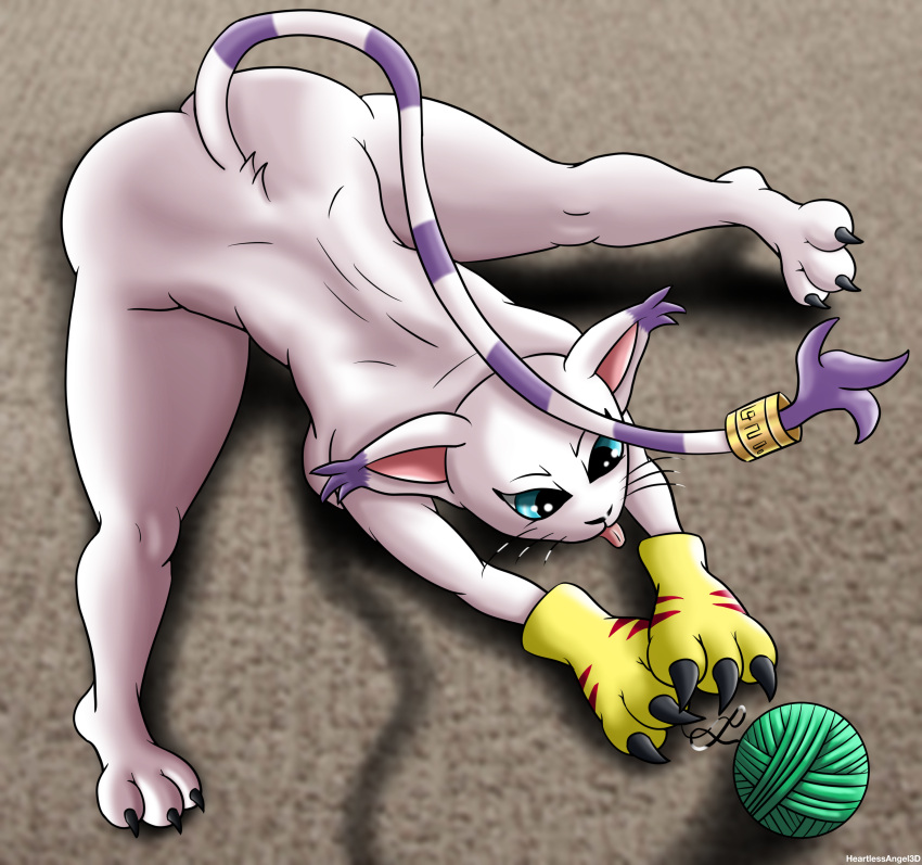 absurd_res anthro ball_of_yarn bandai_namco blep carpet claws digimon digimon_(species) female gatomon heartlessangel3d hi_res jewelry paws solo stretching tongue tongue_out yarn