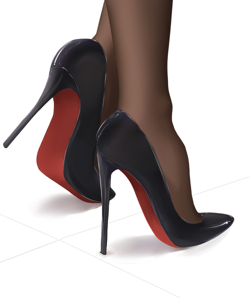 absurdres black_footwear brown_legwear christian_louboutin_(brand) commentary feet foot_focus high_heels highres kikiis_art legs original pantyhose shadow shoes simple_background standing stiletto_heels tile_floor tiles white_background