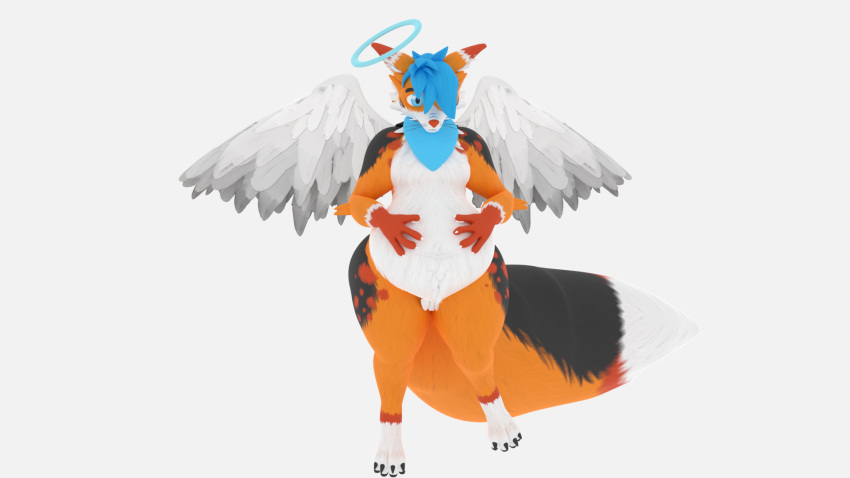 angel anthro auxie auxiefox bandanna belly big_belly big_butt big_tail butt butt_expansion butt_grab canid canine expansion falling fox growth halo hand_on_butt hand_on_leg hand_on_thigh hi_res huge_butt kerchief kneeling magic male male/male mammal overweight overweight_male solo sudden thick_thighs weight_gain wings