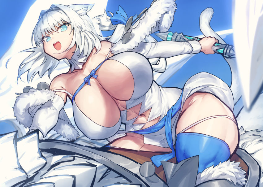 1girl animal_ear_fluff animal_ears argyle argyle_cutout armored_boots axe bangs bare_shoulders blue_bow blue_eyes blue_ribbon blue_thighhighs blush boots bow breasts cat_ears cat_girl cat_tail cleavage clothing_cutout detached_collar detached_sleeves dobrynya_nikitich_(fate) dragon dress fate/grand_order fate_(series) fur_trim hair_bow hairband knee_boots large_breasts long_hair looking_at_viewer low_ponytail melon22 navel open_mouth revision ribbon riding short_dress smile solo tail thighhighs thighs white_dress white_hair