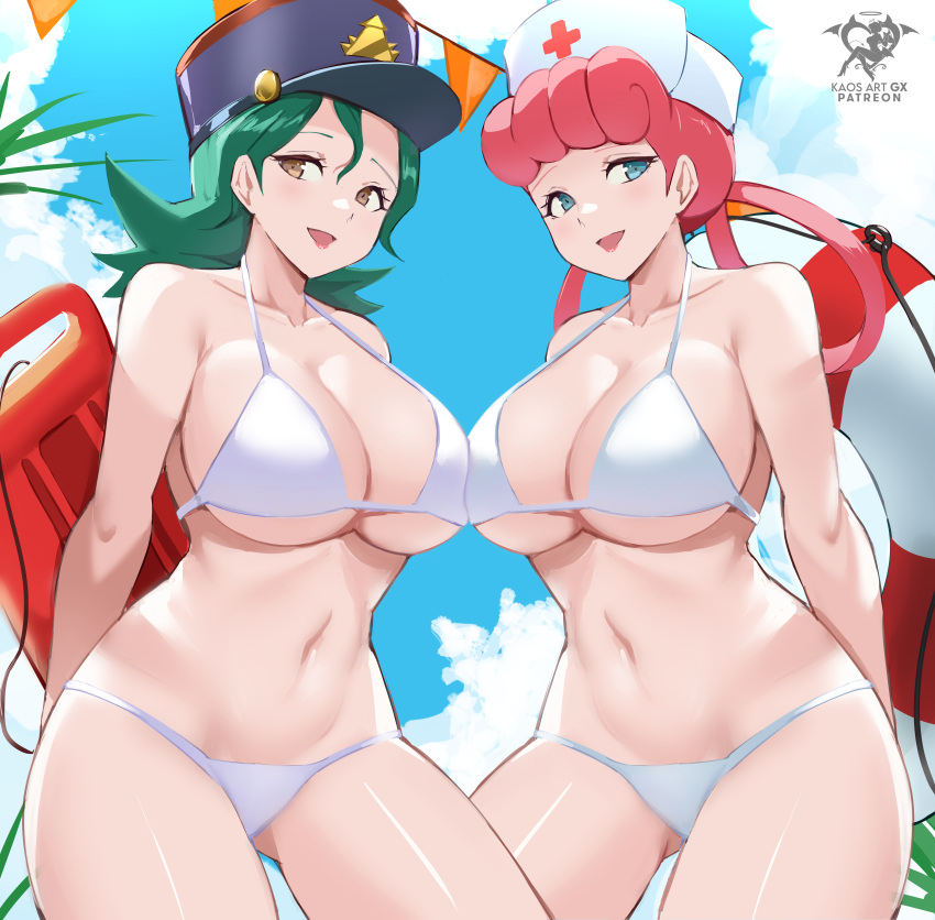 2girls absurdres alternate_costume artist_name bikini blue_eyes blue_headwear blue_sky bodyboard breasts brown_eyes cleavage collarbone commentary day english_commentary green_hair hair_rings hat highres holding holding_innertube innertube jenny_(pokemon) joy_(pokemon) kaos_art large_breasts lips lipstick makeup multiple_girls navel nurse_cap open_mouth outdoors pink_hair pink_lips pokemon pokemon_(anime) police_hat sky smile swimsuit white_bikini white_headwear white_swimsuit