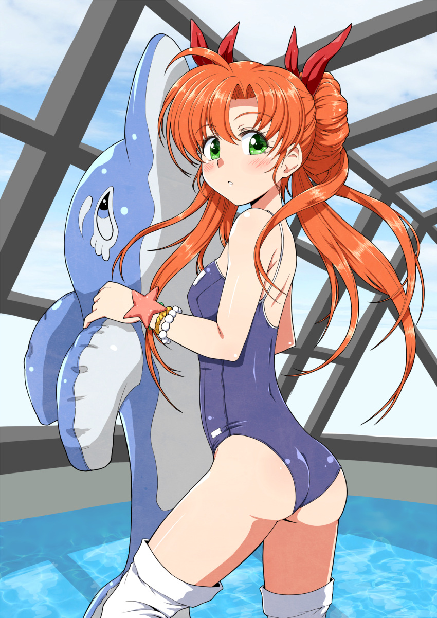 1girl ass bead_bracelet beads blue_swimsuit bow bracelet cowboy_shot doughnut_hair_bun green_eyes hair_bow hair_bun highres inflatable_dolphin inflatable_toy jewelry kyo9999 langrisser langrisser_iii long_hair looking_at_viewer orange_hair parted_lips pool red_bow rei_no_pool shiny shiny_hair solo standing swimsuit thighhighs tiaris_(langrisser) twintails white_legwear