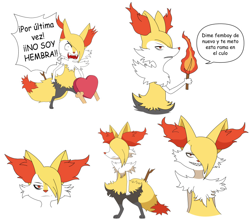 absurd_res bangs braixen canid canine cheek_tuft dialogue digital_drawing_(artwork) digital_media_(artwork) efradraws facial_tuft fangs fox fur girly hair hi_res inner_ear_fluff male mammal messy_hair multicolored_body multicolored_fur nintendo paws pok&eacute;mon pok&eacute;mon_(species) solo spanish_text speech_bubble stick text torch tuft video_games