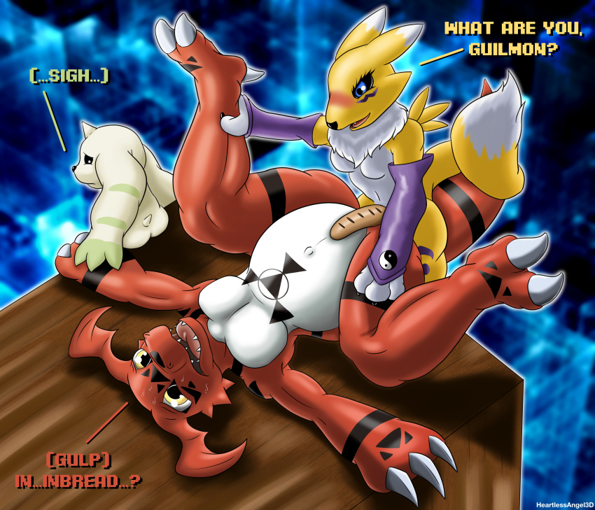 absurd_res ambiguous_gender anthro bandai_namco blush bread butt claws digimon digimon_(species) food group guilmon heartlessangel3d hi_res humor lying on_back pun renamon terriermon text trio