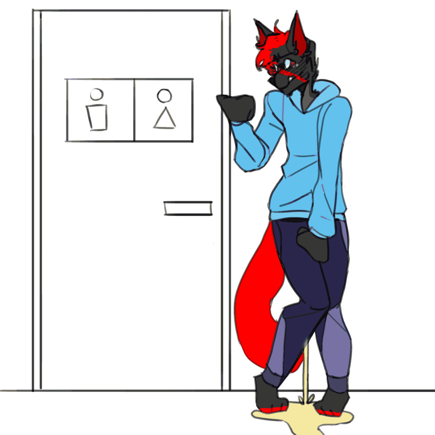 animated anthro black_body black_fur blue_bottomwear blue_clothing blue_hoodie blue_jeans blue_pants blue_topwear bodily_fluids bottomwear canid canine canis clothing dark_grey_fur denim denim_clothing desperation door fluffy fluffy_tail fur fur_markings furythewolf genital_fluids grey_body grey_fur hair hi_res holding_crotch hoodie jeans knock-kneed leaking leaking_urine male mammal markings omorashi paddle-boat pants peeing red_body red_fur red_hair red_tail restroom_sign solo standing_in_urine tail_motion tailwag topwear urine urine_pool urine_puddle urine_stream watersports wet wet_bottomwear wet_clothing wet_pants wetting wolf